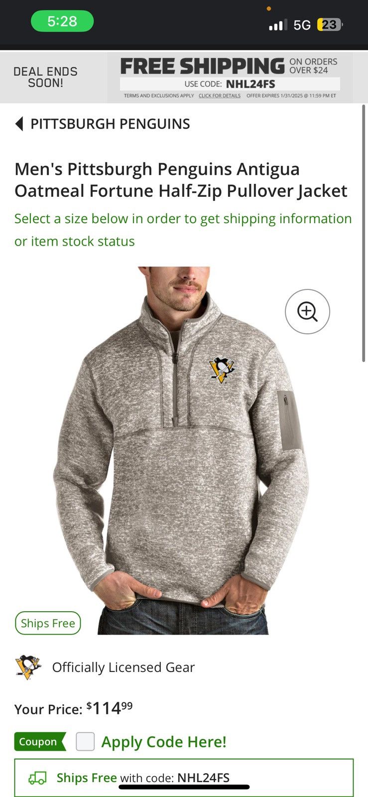 Antigua × NHL Men's Pittsburgh Penguins Antigua Oatmeal Half-Zip Pullover Size US XXL / EU 58 / 5 - 2 Thumbnail