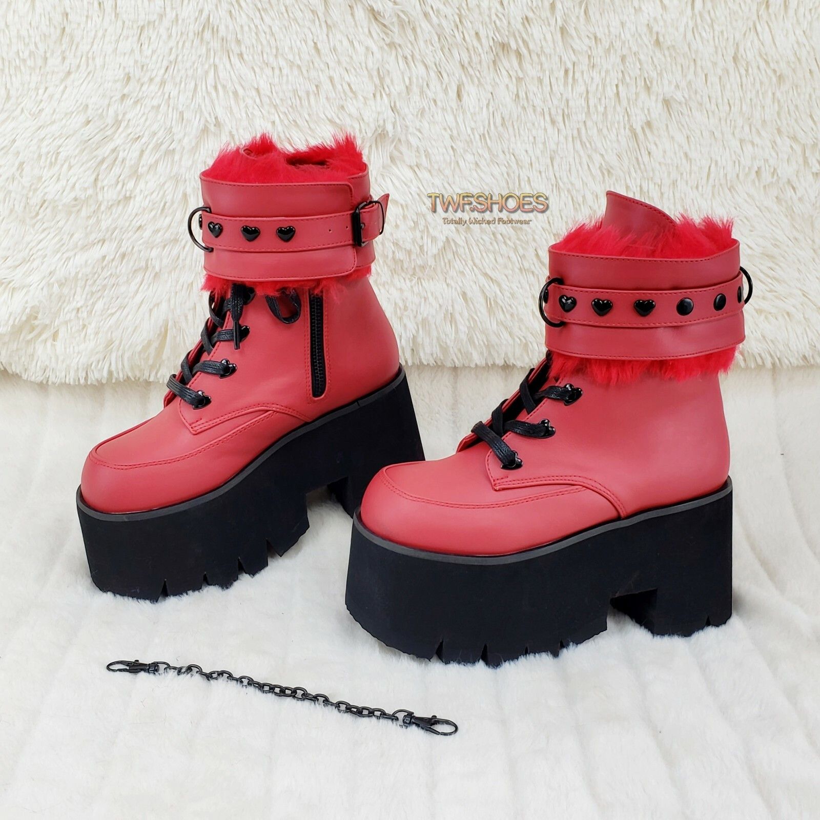 Other Ashes 57 RED Heart Studs 3.5" Platform Goth Boots Fur Lined Size US 10 / IT 40 - 6 Thumbnail