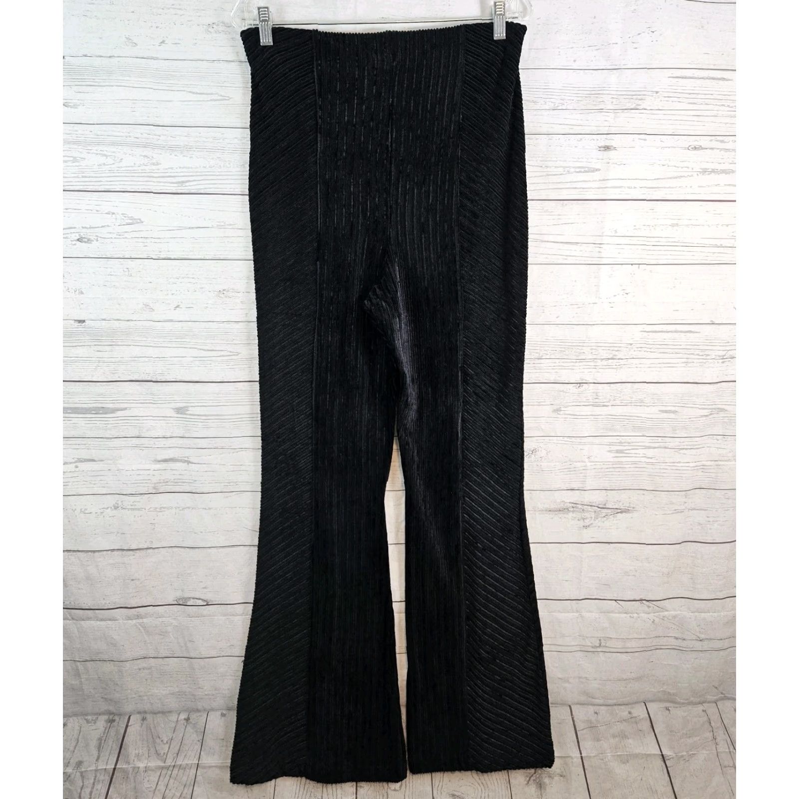 Free People Free People Womens Ribbed Velvet Flare Pants Sz Large Black Pull On High Rise Size 36" / US 14 / IT 50 - 3 Thumbnail