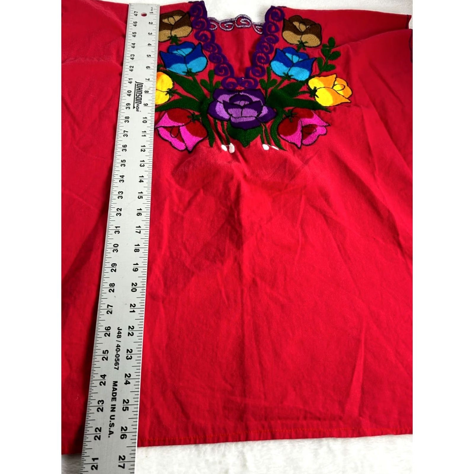 Vintage VINTAGE Mexican Womens Top Medium Red V-Neck Cap Sleeve Boho Embroidered Blouse Size M / US 6-8 / IT 42-44 - 6 Thumbnail