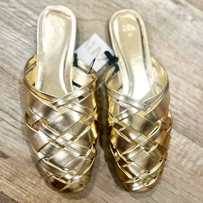 Zara ZARA Gold Woven Metallic Flat Mules NWT Size US 7.5 / IT 37.5 - 16 Thumbnail
