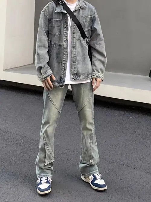 image of Vintage Washed Distressed Irregular Strappy Jeans in Blue, Men's (Size 32)