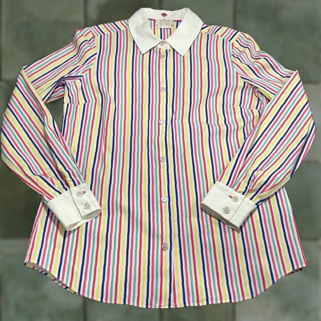 Rainbow Kate Spade Rainbow Long Sleeve Button-Down Shirt Sz 2 Womens Denim Cotton Elastane Ruffle Collared Shirt, Basic, Regular Size Type Size XS / US 0-2 / IT 36-38 - 1 Thumbnail