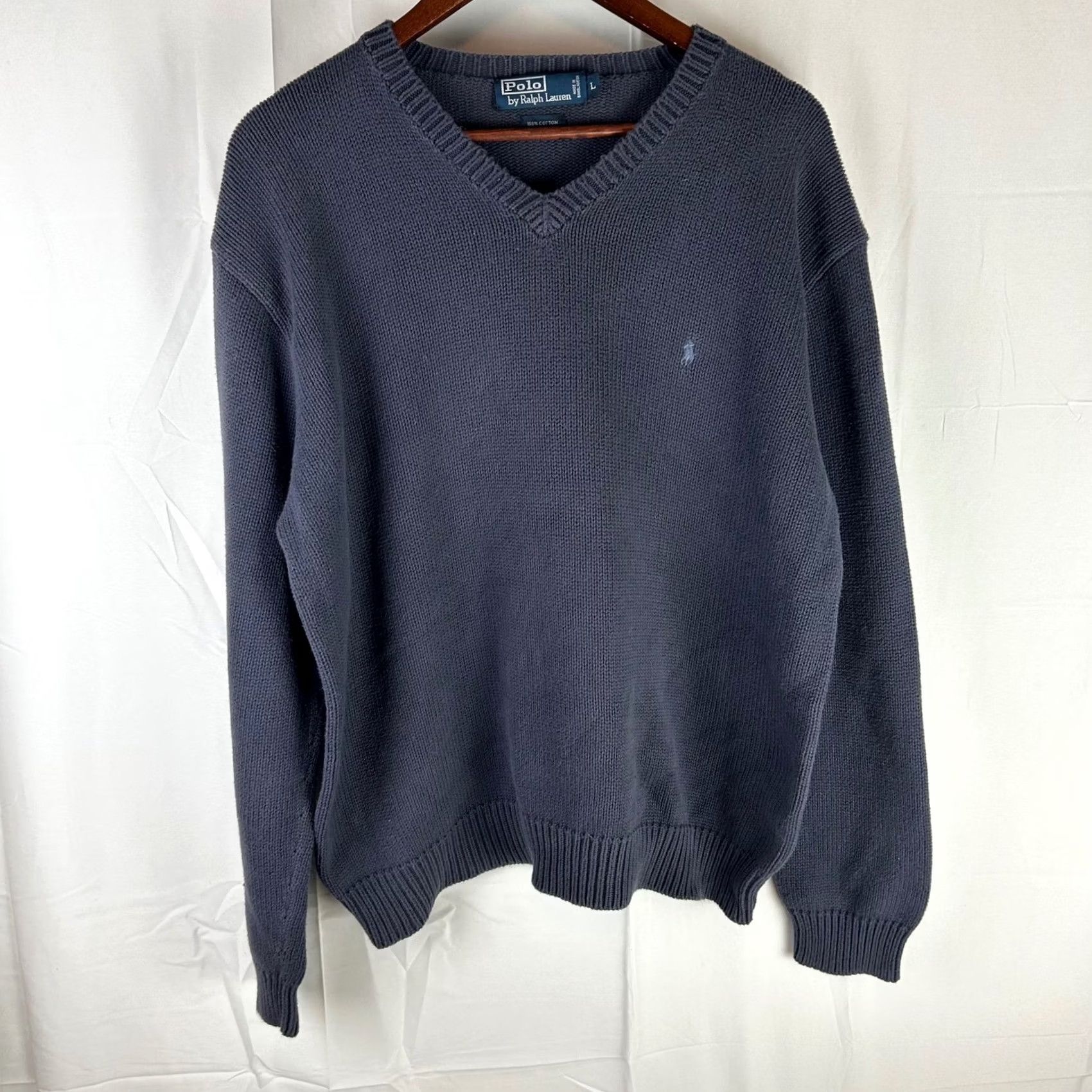 Polo Ralph Lauren Polo Ralph Lauren Mens Sweater V-Neck Knit Long Sleeve 100% Cotton Navy Blue Large Size US L / EU 52-54 / 3 - 2 Thumbnail