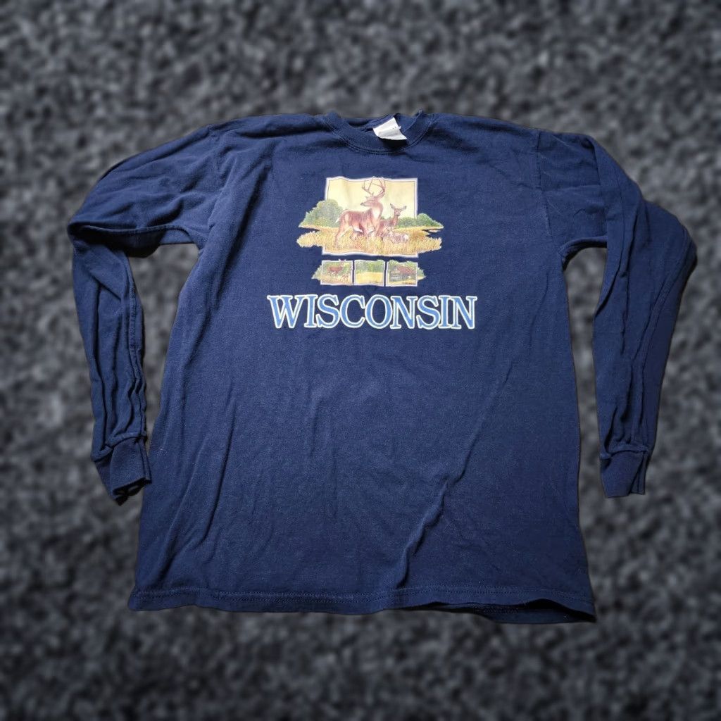 Gildan Gildan Men's Long Sleeve T-Shirt Wisconsin Buck Deer Hunting Outdoor Souvenir L Blue Animals Size US L / EU 52-54 / 3 - 1 Thumbnail