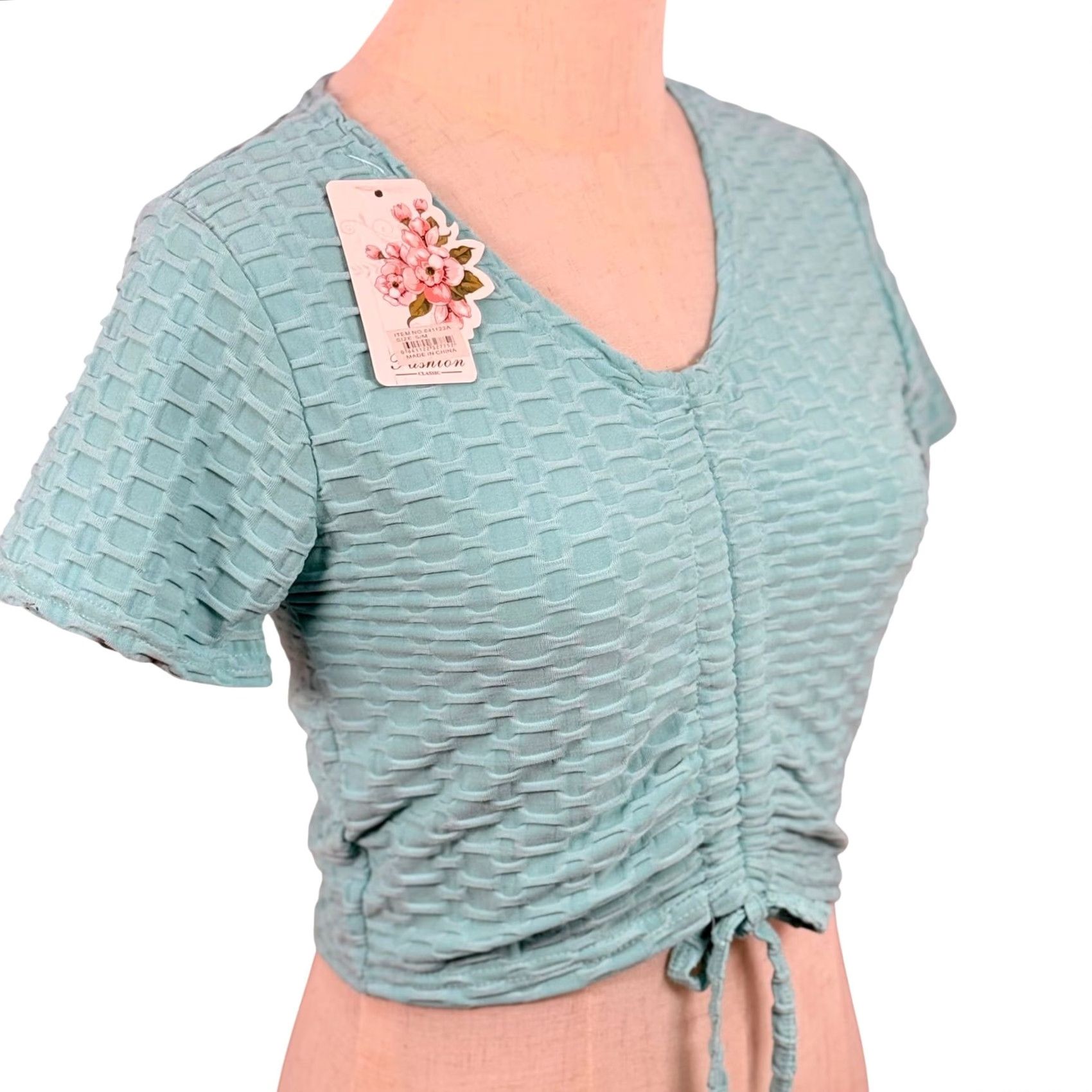 Vintage Honeycomb Bubble Knit Crop Top S/M Texture Ruched Y2K Fairycore Pastel Blue Cotton Blend Slim V-Neck Short Sleeve Cropped Tank Casual Women's Shirt Size S / US 4 / IT 40 - 4 Thumbnail