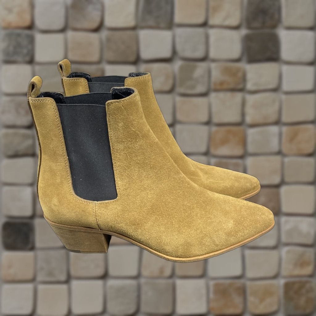 VINTAGE Saint Laurent Chelsea Boots Womens Size 37.5 EU / 7 US Brown Suede Ankle Booties Mid Heel Outdoor Style Clearance