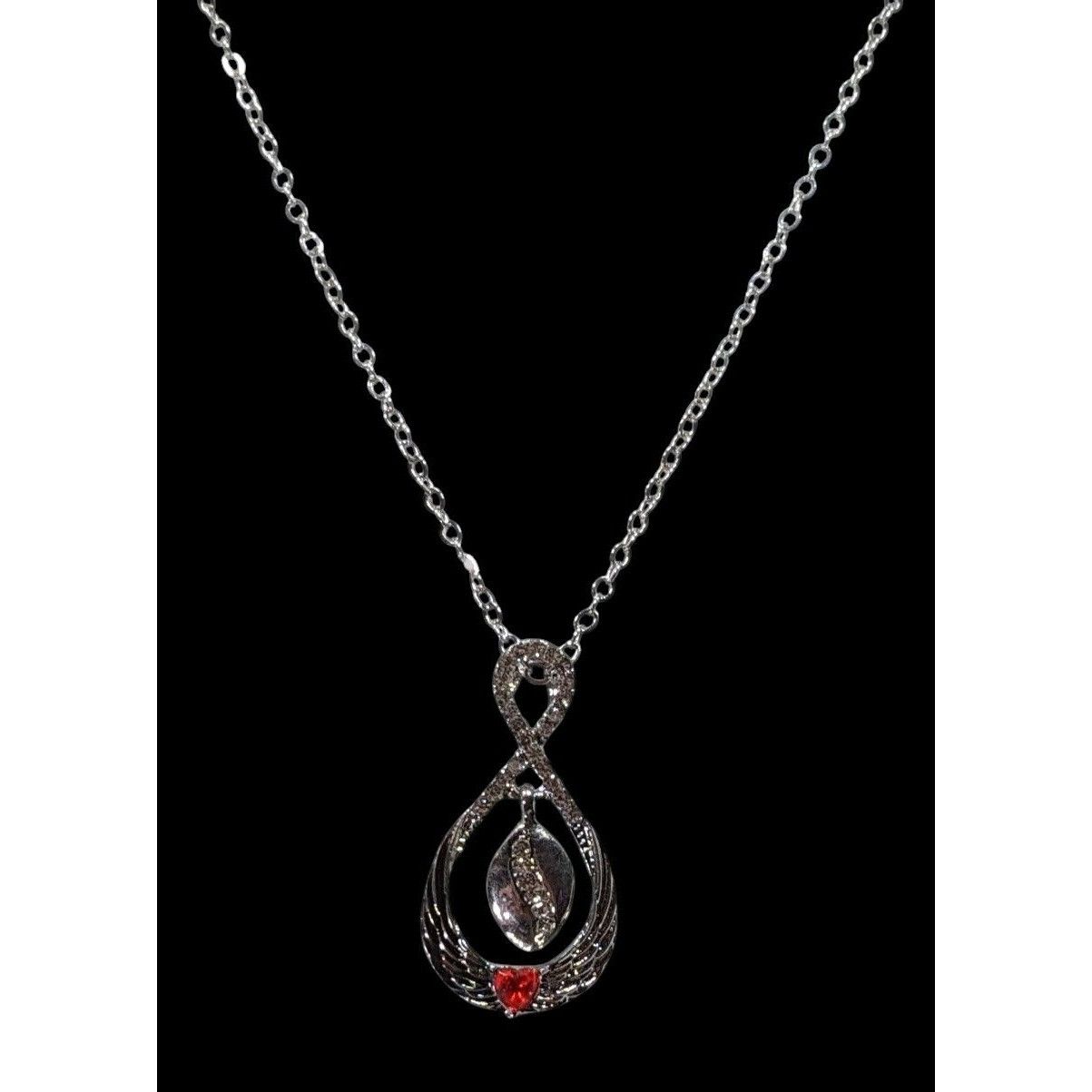 Other Heart And Wing Silver Tone Pendant Necklace With Clear And R Size ONE SIZE - 1 Thumbnail