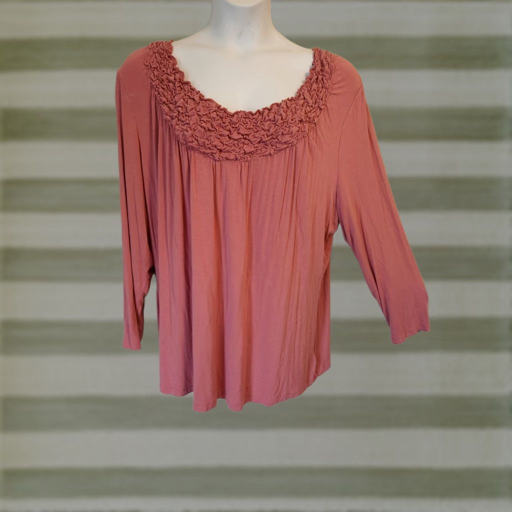Vintage Susan Graver Blouse Shirt 2X Pink Textured Trim Mauve Long Sleeve Round Neck Casual Business Travel Women Plus Fit: Regular, Stretch, Easy Care Size XXL / US 16-18 / IT 52-54 - 1 Thumbnail