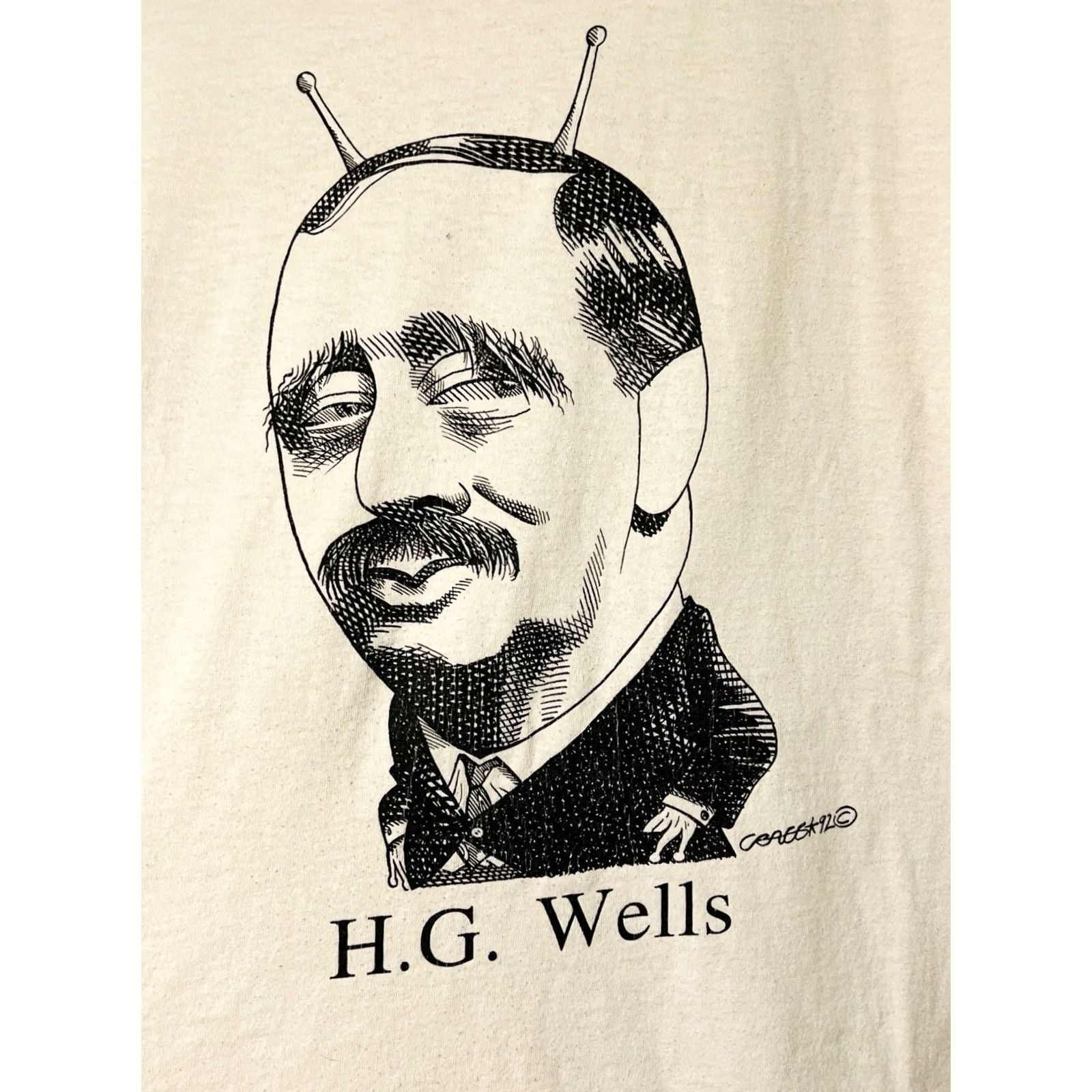 Soffe VINTAGE HG Wells Author Caricature T Shirt 1992 Soffe XL USA White Men 90s Shirt Size US XL / EU 56 / 4 - 2 Thumbnail