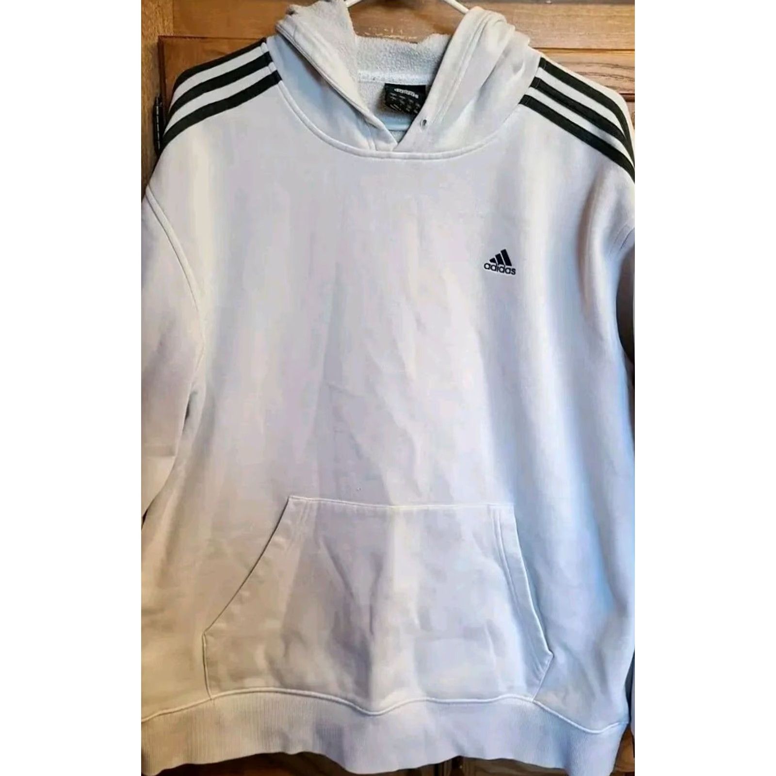 Adidas ADIDAS Hoodie Sweatshirt Mens Size L White Striped Sleeves Pullover Hooded Size US L / EU 52-54 / 3 - 4 Thumbnail