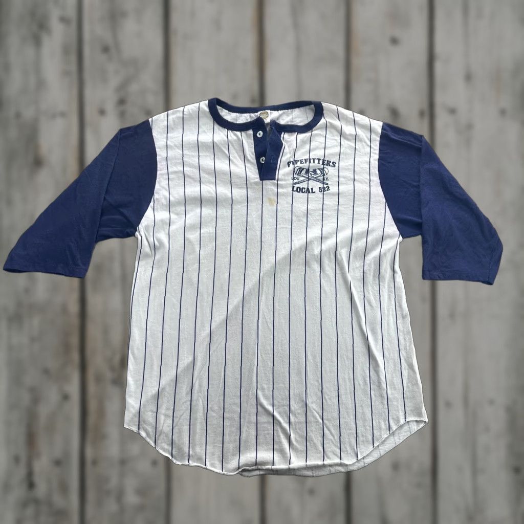 Other Pipefitters Local 562 Shirt Mens Large White Pinstripe Henley Raglan 3/4 Sleeve Size US L / EU 52-54 / 3 - 1 Thumbnail