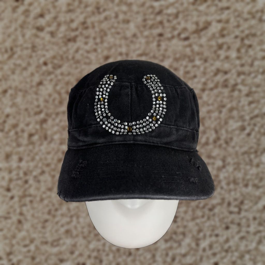Vintage JFH Headwear Hat Womens One Size Blue Horseshoe Army Cap Strap Back Rhinestone Bling Jewel Casino Distressed Size ONE SIZE - 1 Thumbnail