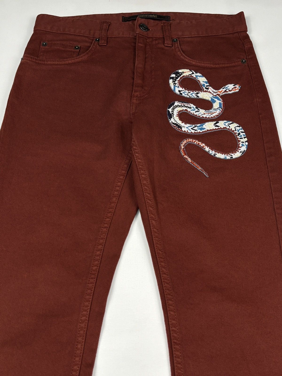 Roberto Cavalli Burgundy Snake Embroidered Slim Fit Jeans Size US 30 / EU 46 - 2 Thumbnail