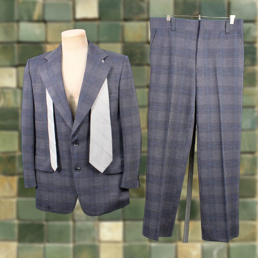Vintage MENS VTG 70s 2 PC Dark Blue Leisure Suit W Tie Sz M 1970s Polyester Disco Plaid Shirt Size 40R - 1 Thumbnail