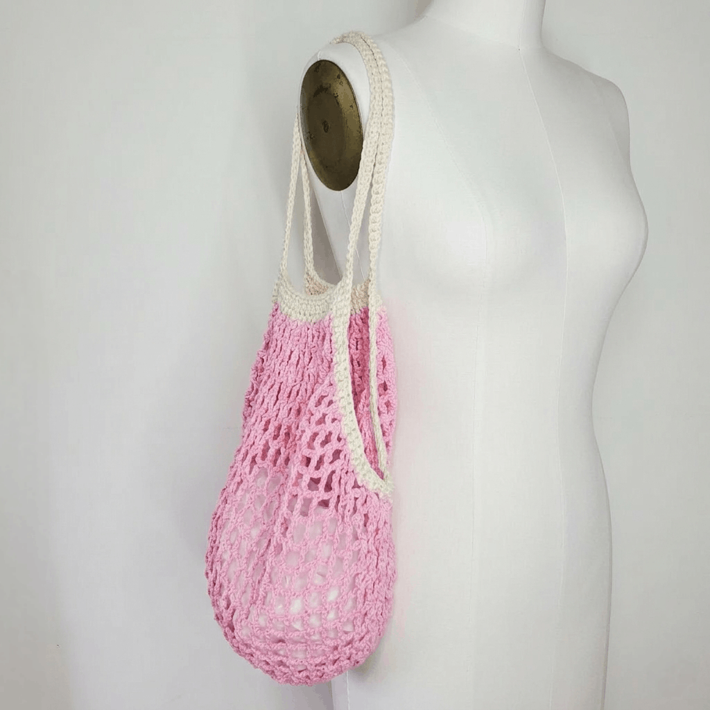 Handmade Market Bag Pink 100% Cotton Crochet French Farmers Net groc Size ONE SIZE - 3 Thumbnail