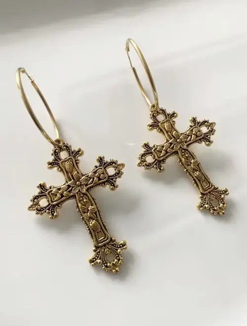 Japanese Brand Antique Cross Gold Hoop Earrings Size ONE SIZE - 3 Thumbnail