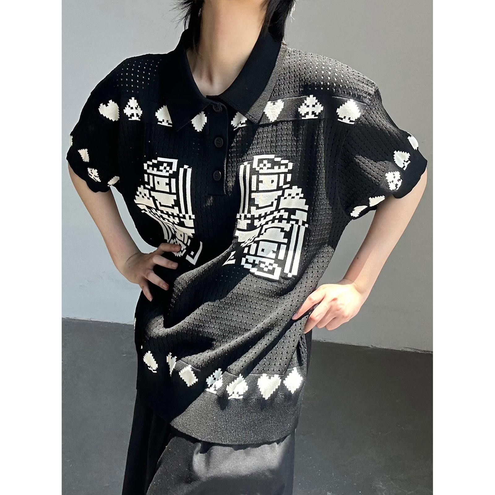 Japanese Brand Black Knit Polo Shirt with Graphic Print, Relaxed Fit Size US M / EU 48-50 / 2 - 3 Thumbnail