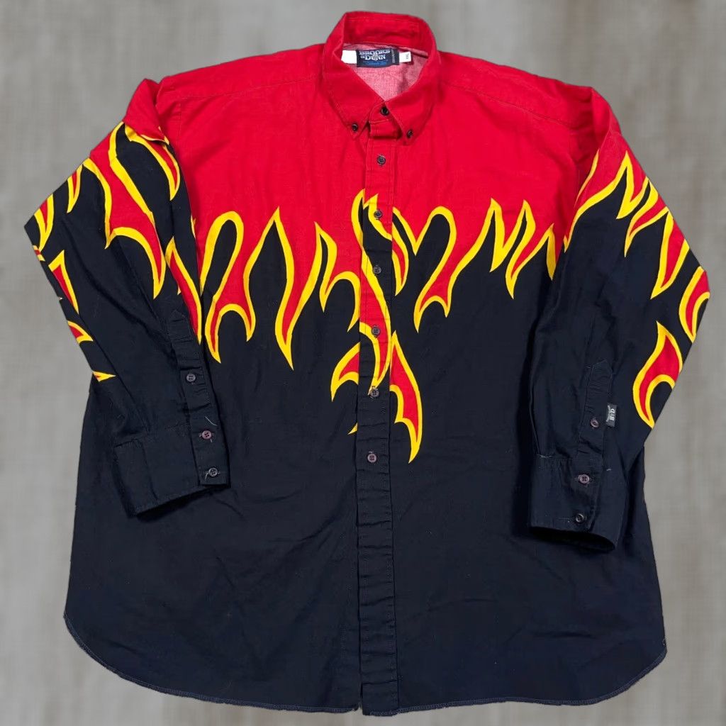 VINTAGE Panhandle Slim Brooks & Dunn Shirt Men 2XL Black Red Fire Flame 90s USA Cowboys Western Geometric Button-Up