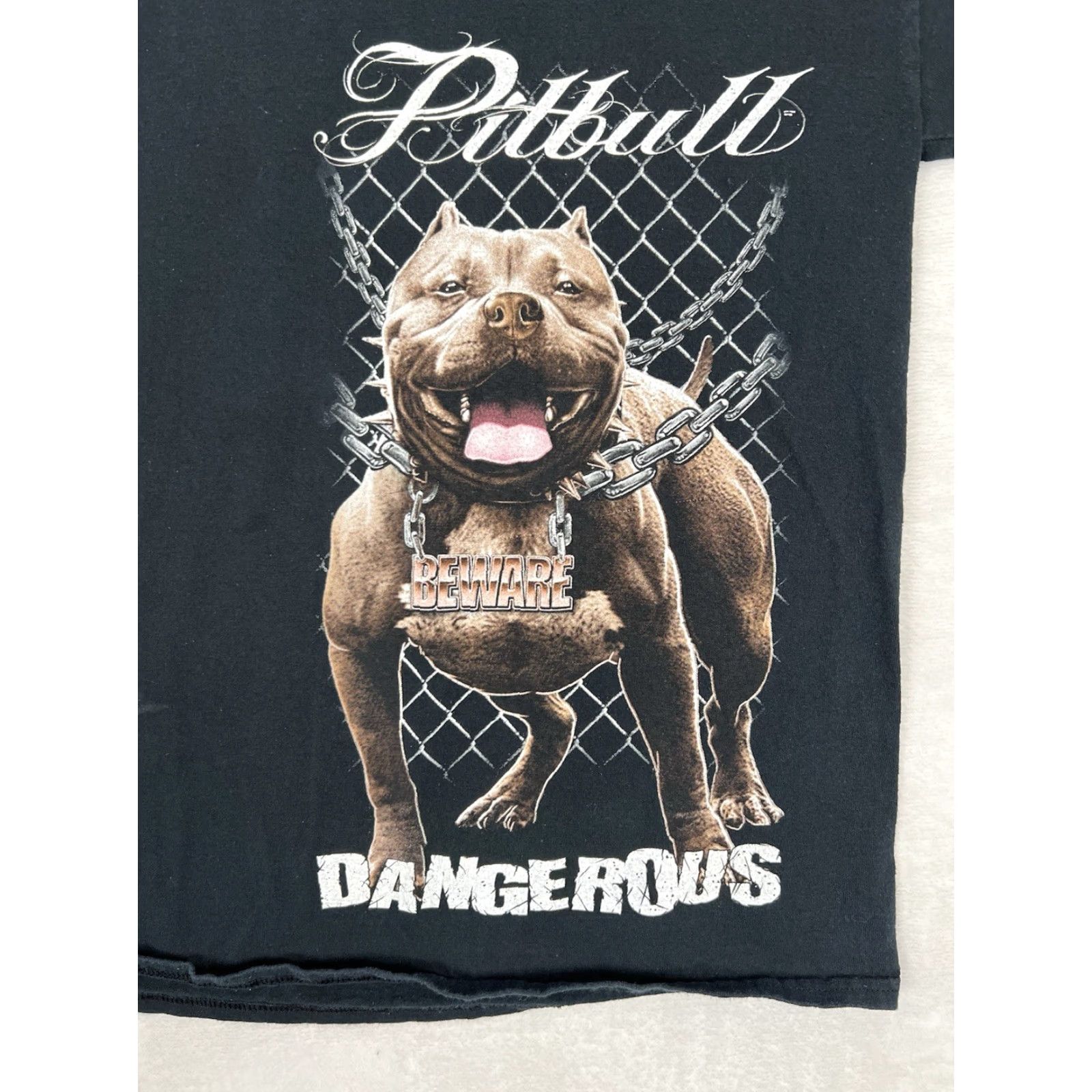 Gildan VINTAGE Pitbull T-Shirt XL Gildan Black Dog 90s Hip Hop Graphic Print Short Sleeve Mens Beware Dangerous Size US XL / EU 56 / 4 - 3 Thumbnail