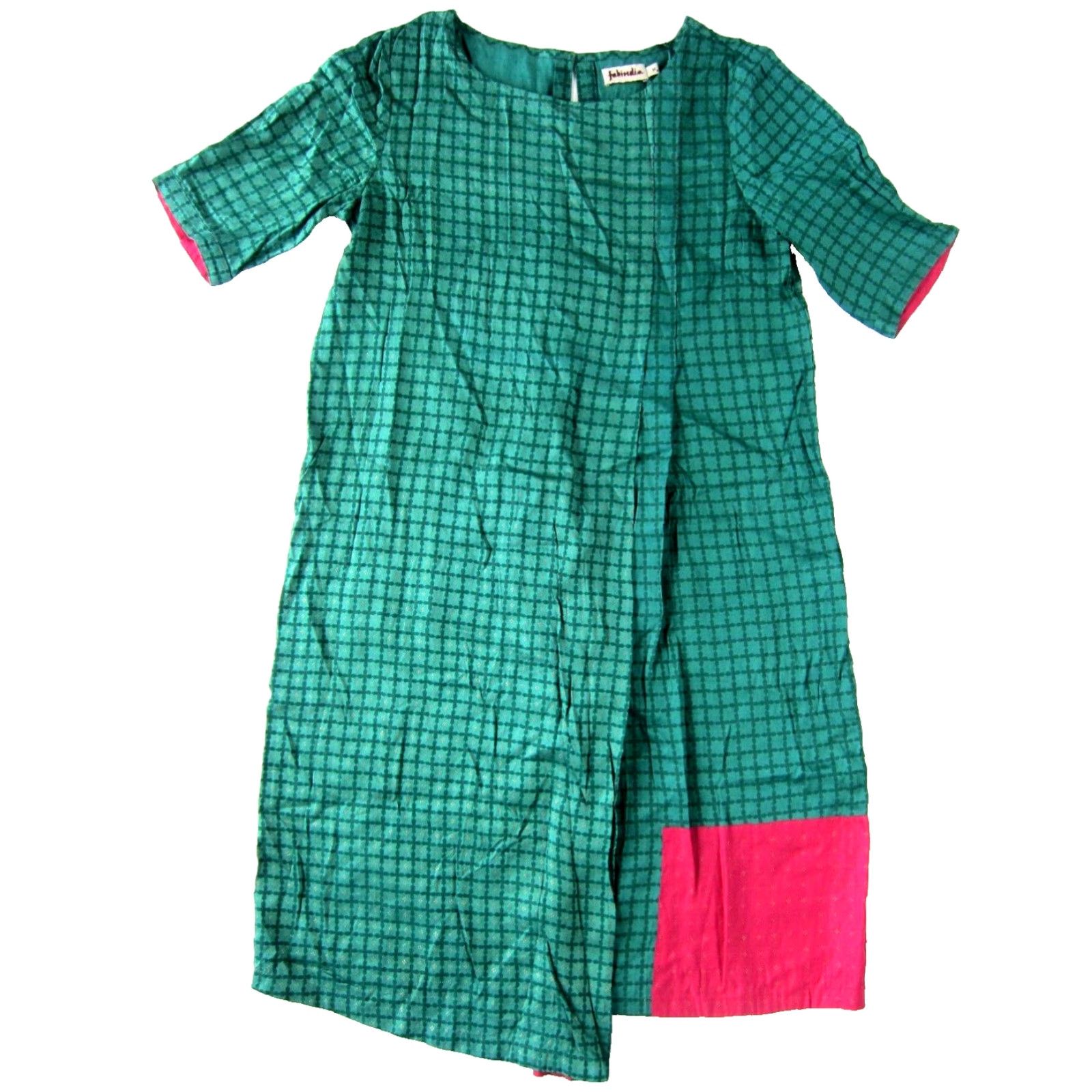 Pinko VINTAGE Fabindia Kurta Dress Short Sleeve Green Pink Gold Cotton Midi Dress Medium Womens Size 32" / US 10 / IT 46 - 2 Thumbnail
