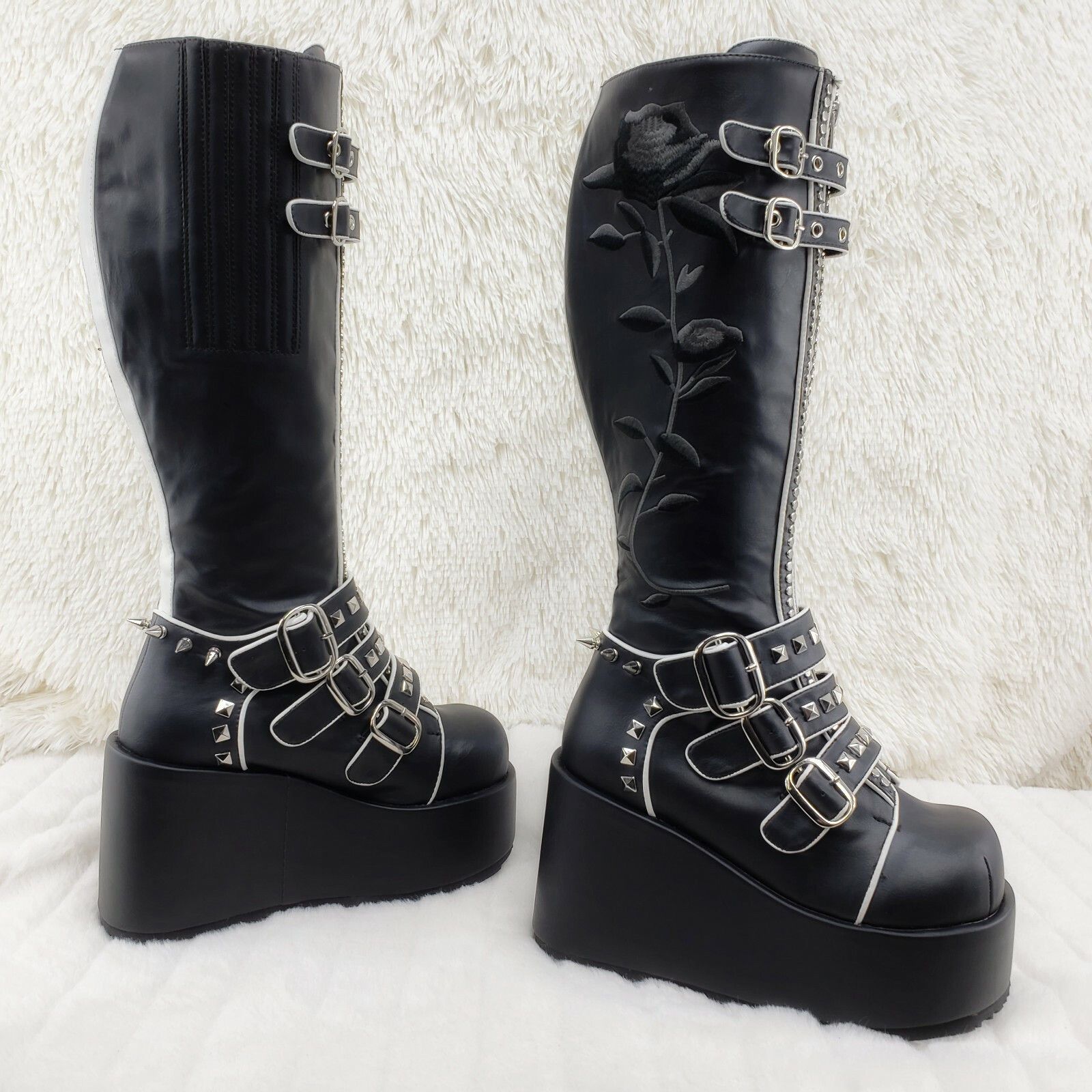 Demonia Cult DEMONIA Concord Black Platform Rose Goth Studded Knee Boots Size US 6 / IT 36 - 5 Thumbnail