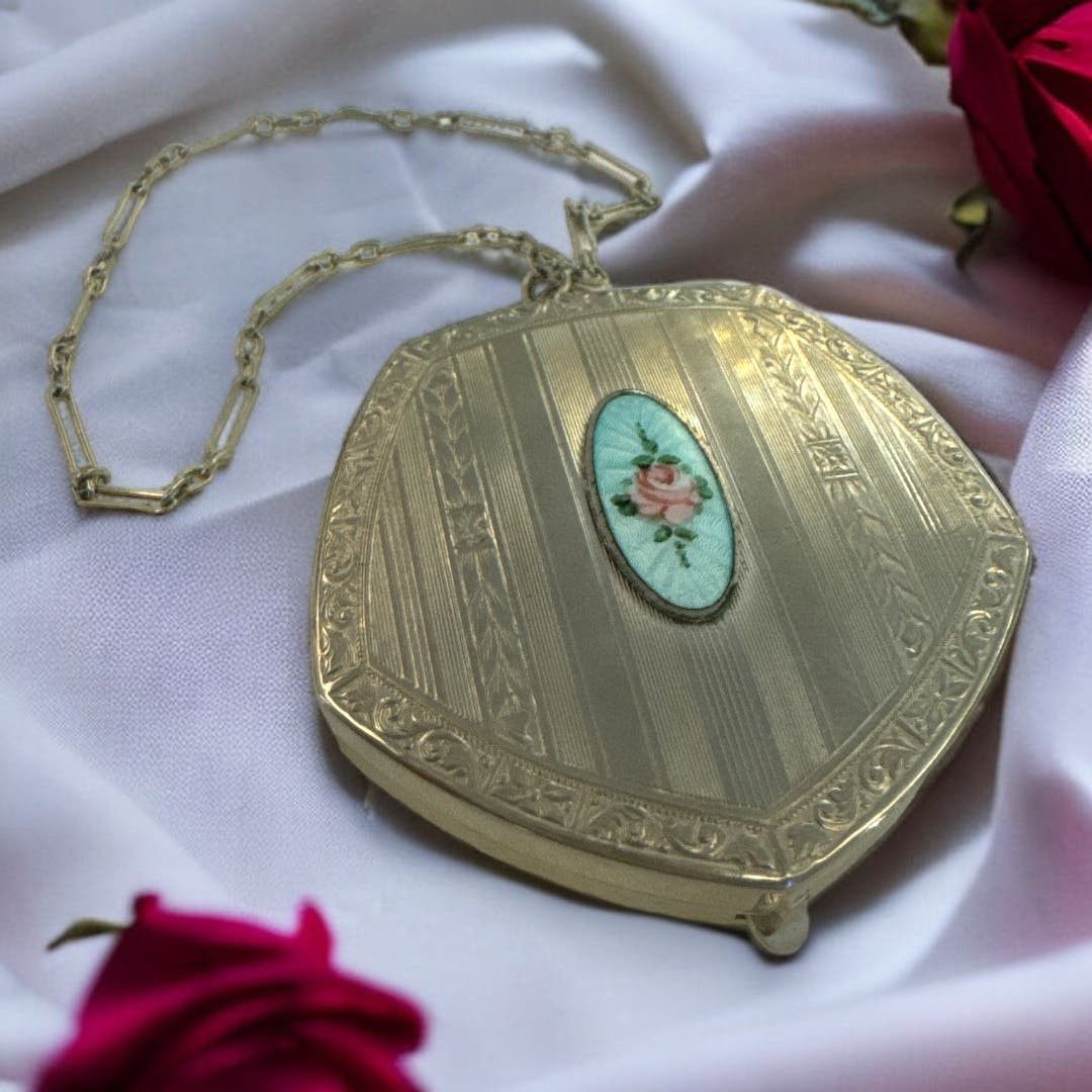 image of Antique Art Deco Guilloche Enamel Silver Compact Wristlet, Women's