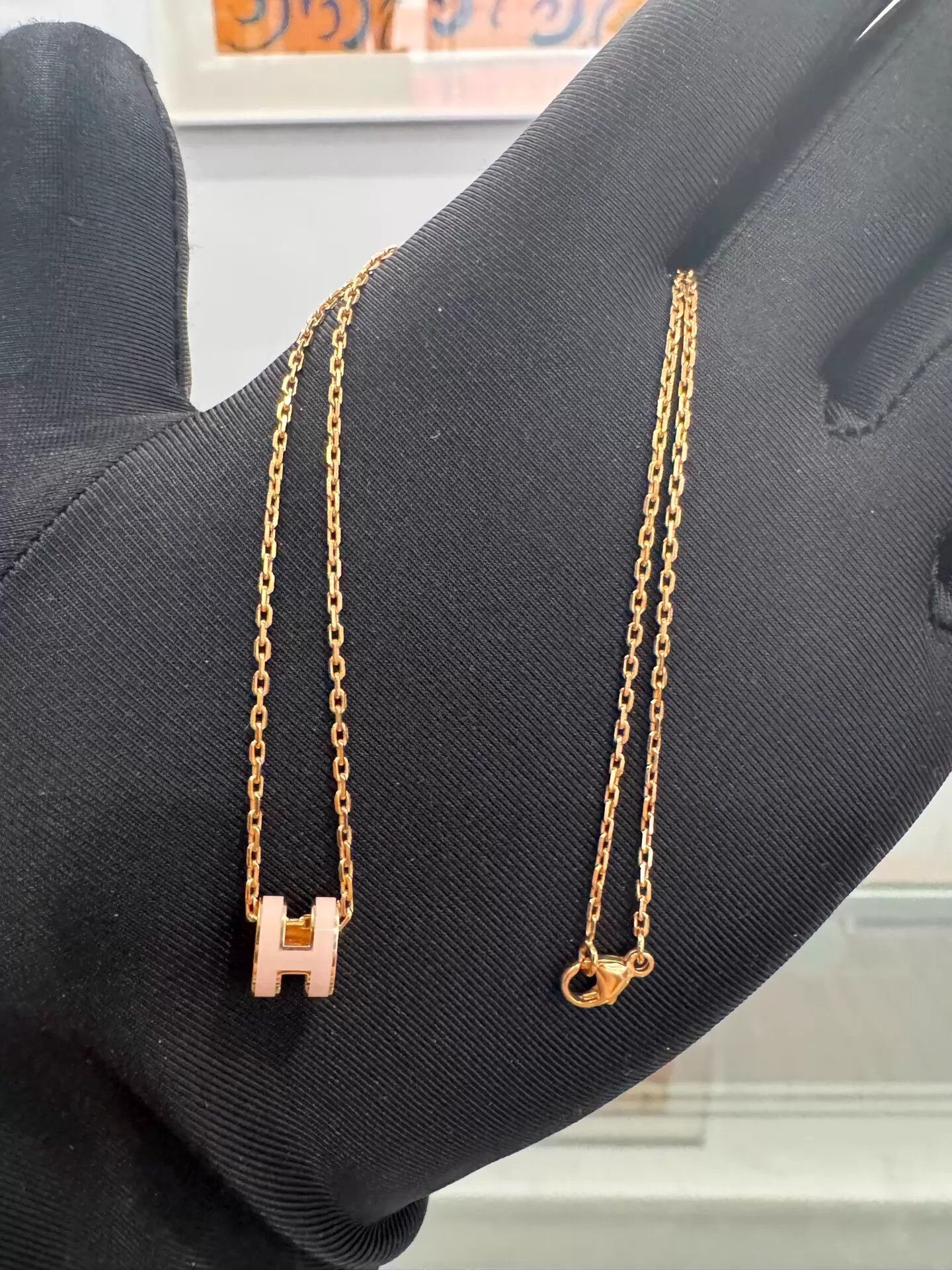 Hermes Hermes Pop H Mini Pink Enamel H Rose Gold Necklace Size ONE SIZE - 3 Thumbnail