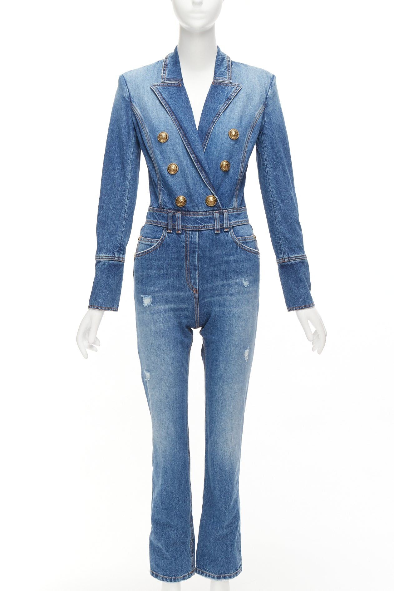 Balmain BALMAIN blue washed distressed denim gold double breasted jumpsuit FR34 XS Size 26" / US 2 / IT 38 - 1 Thumbnail