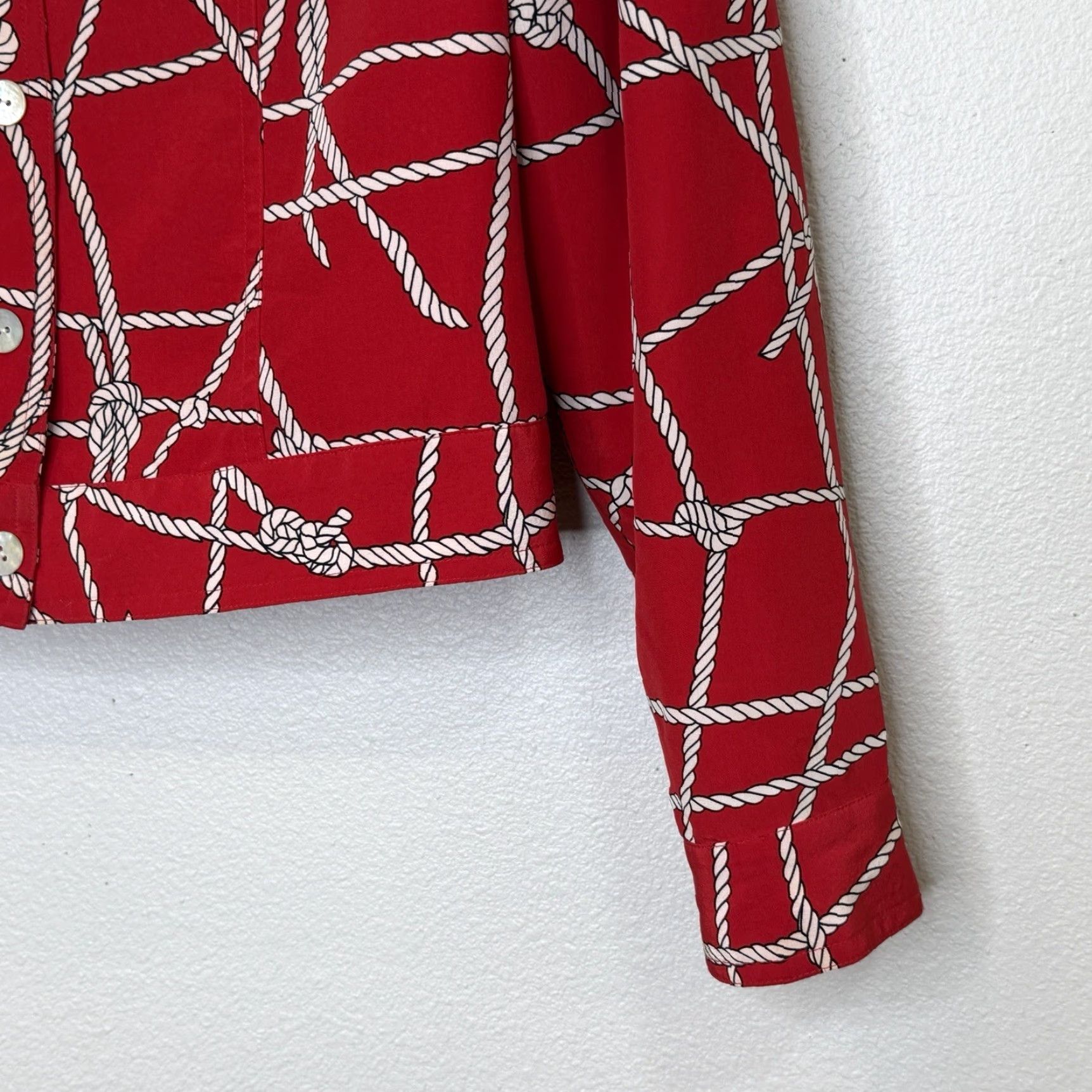 MAGGY LONDON VINTAGE Maggie L Silk Jacket Womens Petite 8 Red Rope Print Button Front Long Sleeve Navy Nautical Womens Size M / US 6-8 / IT 42-44 - 4 Thumbnail
