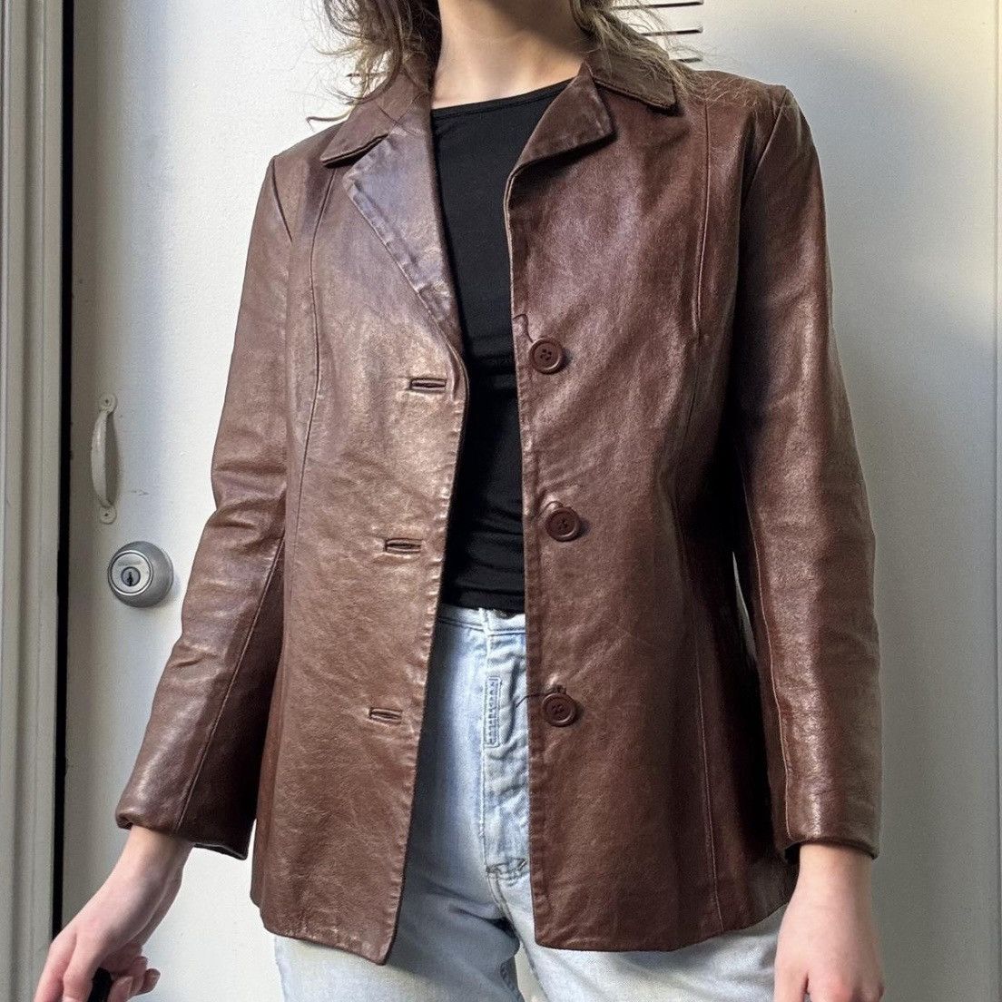 Firenze TRU VTG 90s BROWN LUXE LEATHER COAT Size S / US 4 / IT 40 - 4 Thumbnail