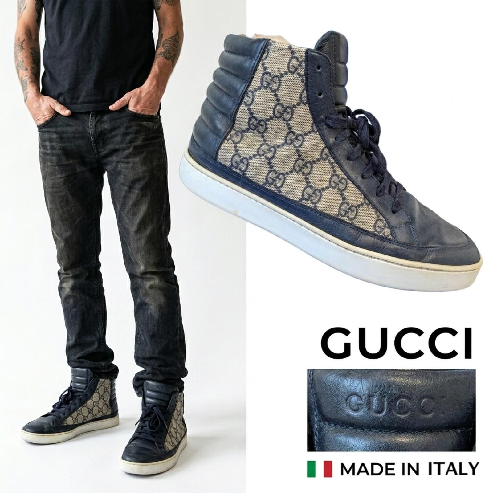 Gucci Gucci GG Supreme Men High-Top Sneakers Italy Blue Canvas 7 Size US 7 / EU 40 - 1 Thumbnail
