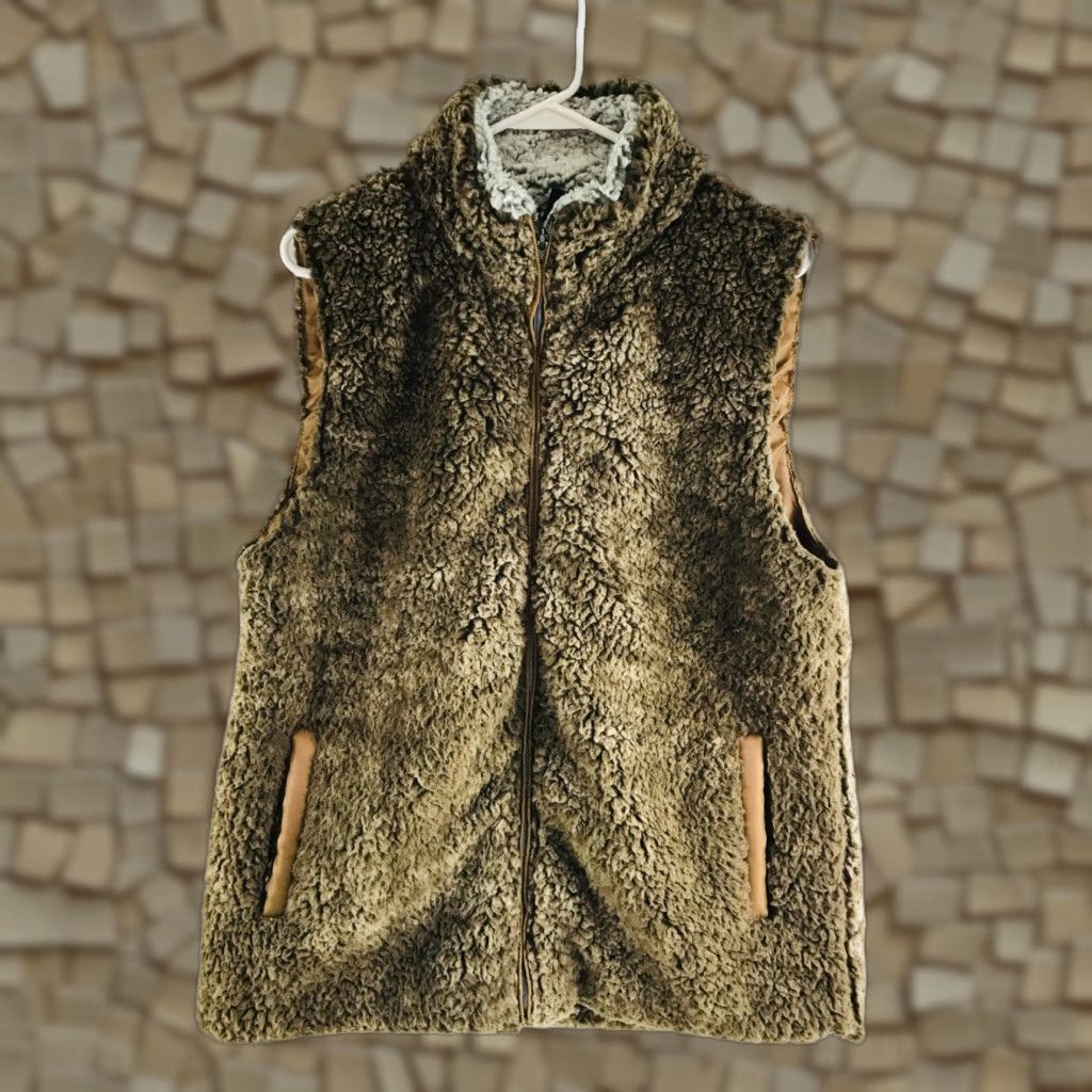 Vintage Katydid Sweater Vest Women's XL Brown Faux Fur Zip Up Lined Pockets Knit Vest Modern Fall Winter Travel Womens Size XL / US 12-14 / IT 48-50 - 1 Thumbnail