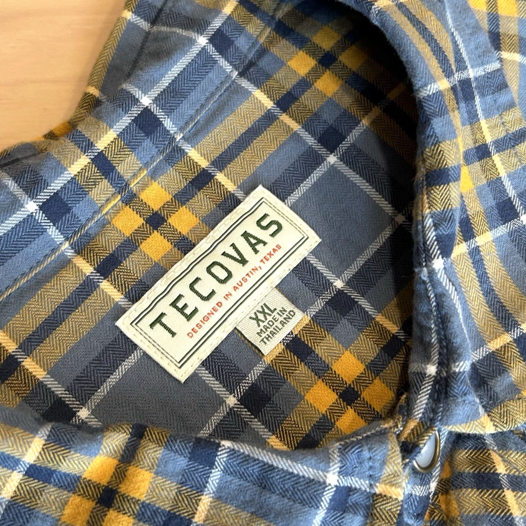 Tecovas Shirt Western Pearl Snap Flannel Plaid Long Sleeve Men’s 2XL Blue Cotton Regular Fit Button-Up Casual 2000s Western Logo Texas Mens