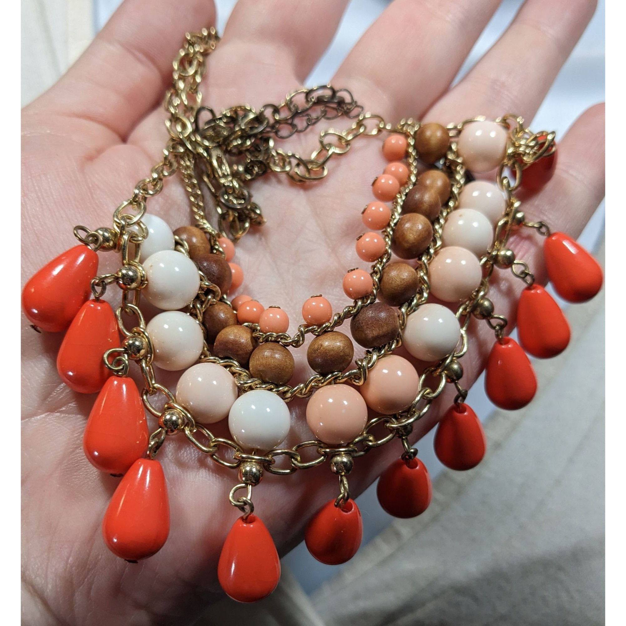 Other Retro Bohemian Orange And Pink Beaded Fringe Bib Necklace Size ONE SIZE - 4 Thumbnail