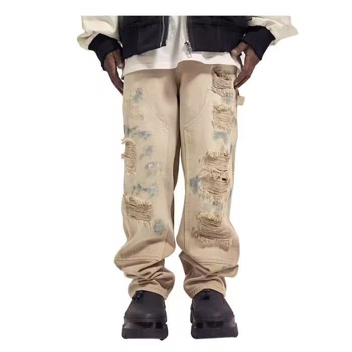 image of Beige Paint Splatter Distressed Denim Jeans, Men's (Size 30)