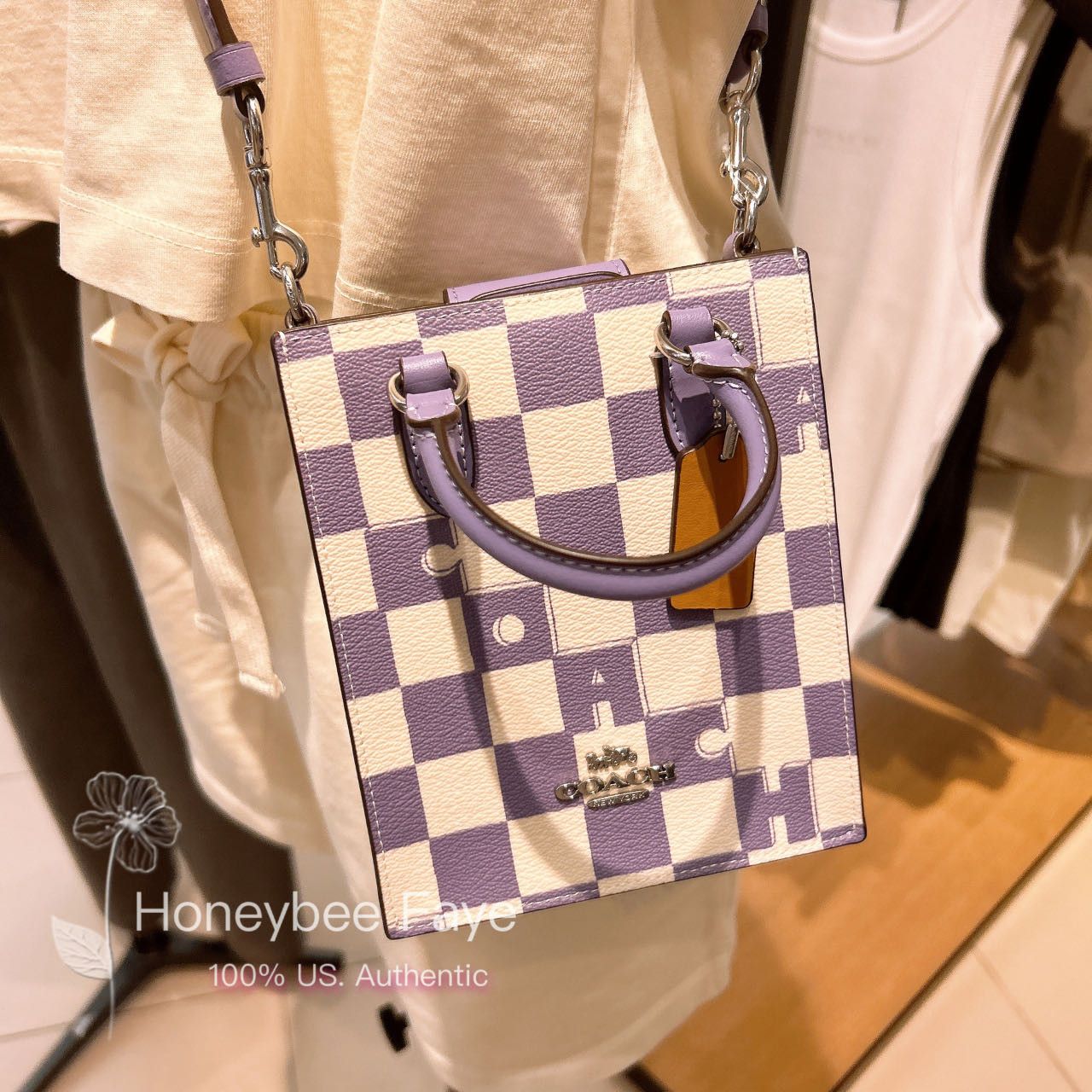 image of Coach North South Mini Tote With Checkerboard Print Cr180 in Silver/Light Violet/Chalk, Women's