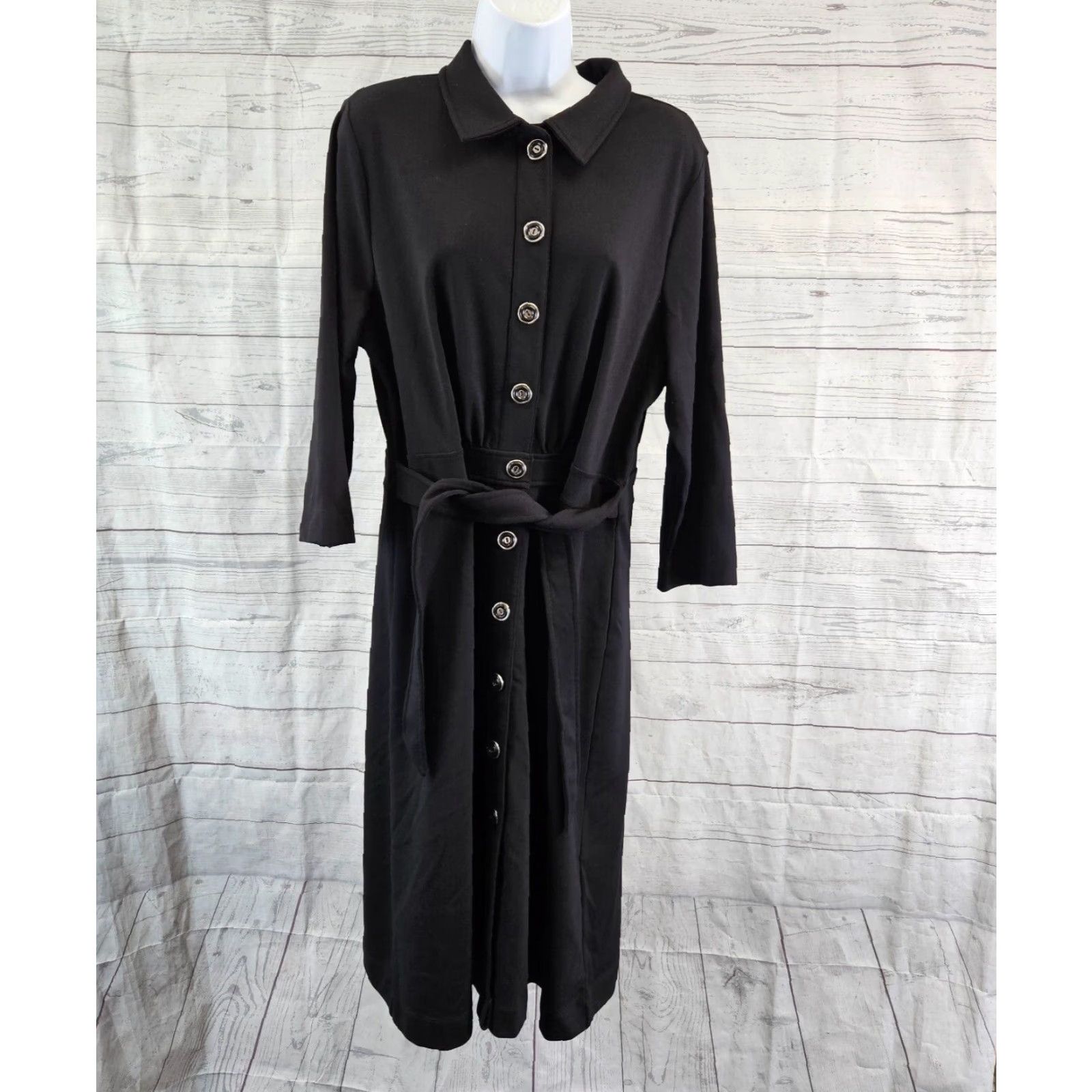 Isaac Mizrahi Isaac Mizrahi Live Womens Button Front Dress L Black 3/4 Sleeve Midi Shirt Dress Womens Size L / US 10 / IT 46 - 2 Thumbnail