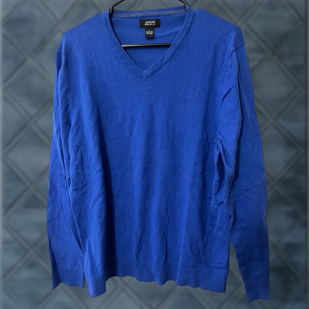 Alfani ALFANI L Mens Long Sleeve V-Neck Blue Cotton Sweater Shirt Top Regular Fit Size US L / EU 52-54 / 3 - 1 Thumbnail
