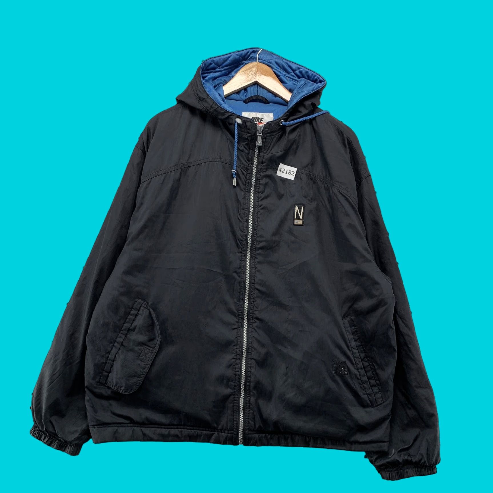 Nike Nike Windbreaker Jacket Mens XL Black Blue Embroidered Zip Hooded Size US L / EU 52-54 / 3 - 1 Thumbnail