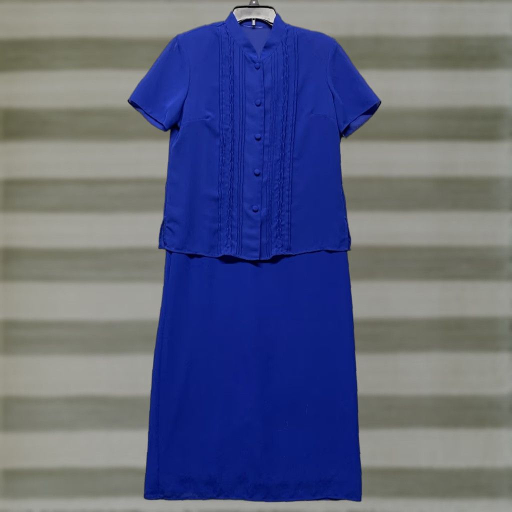 Vintage VINTAGE Studio 1 2-pc Dress Set Women's Sz 8 Royal Blue Button Zip Closure Shoulder Pads Midi Dress Shirt Dress 100% Polyester Women Size M / US 6-8 / IT 42-44 - 1 Thumbnail