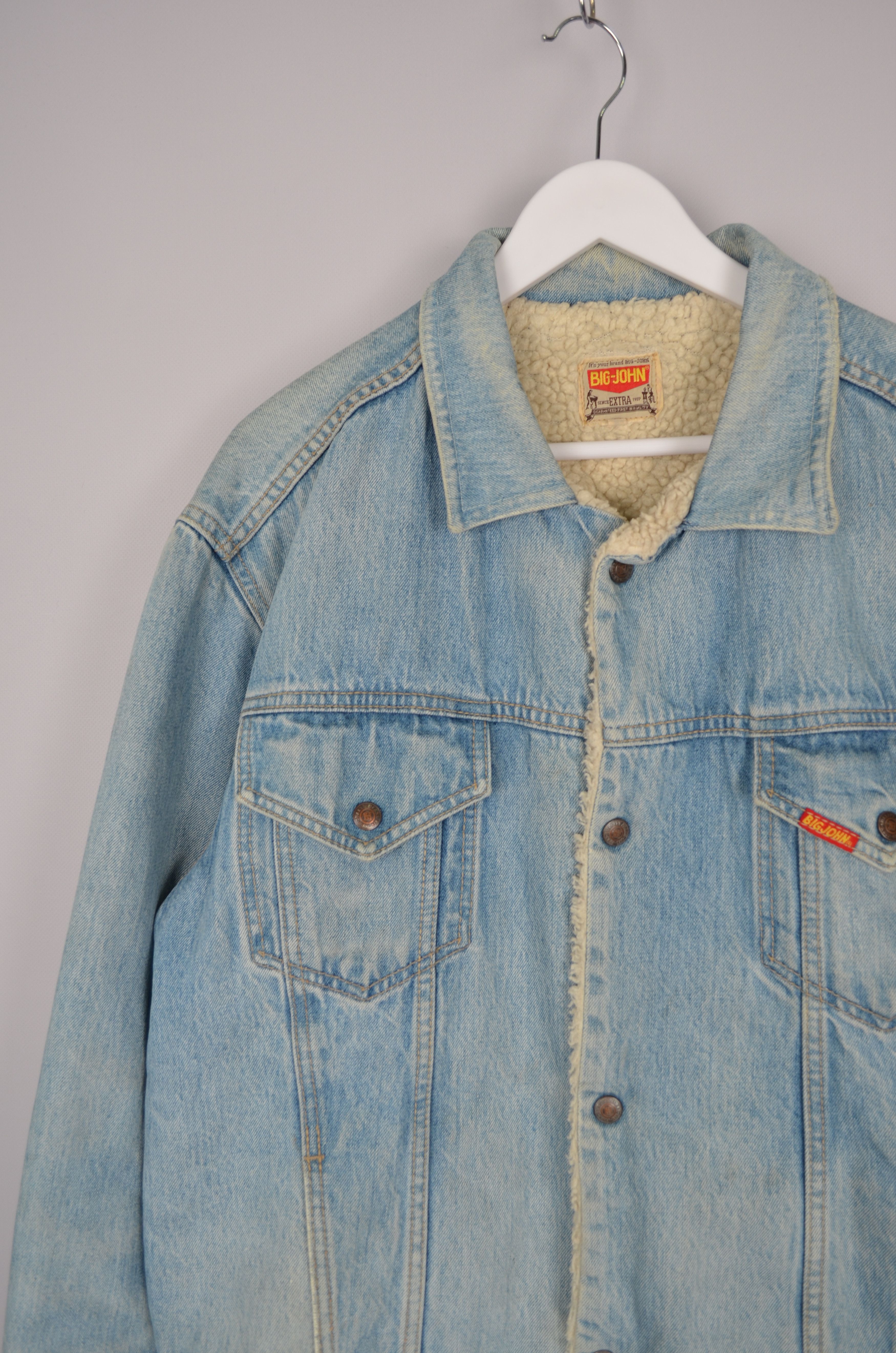 Big John × Vintage Vintage 90s Big-John Denim Trucker Sherpa Blue Jacket RARE Size US L / EU 52-54 / 3 - 4 Thumbnail