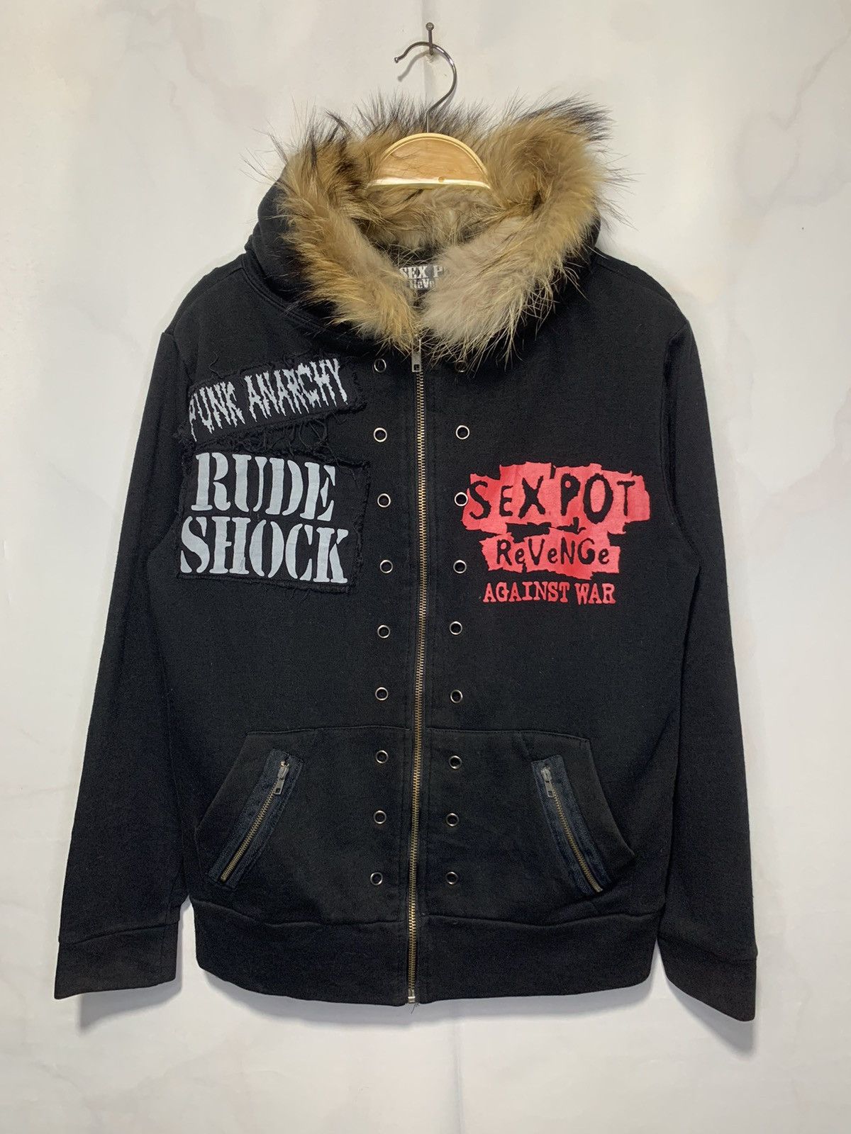 Sex Pot Revange PUNK ANARCHY AGAINTS WAR gothic fur hoodie