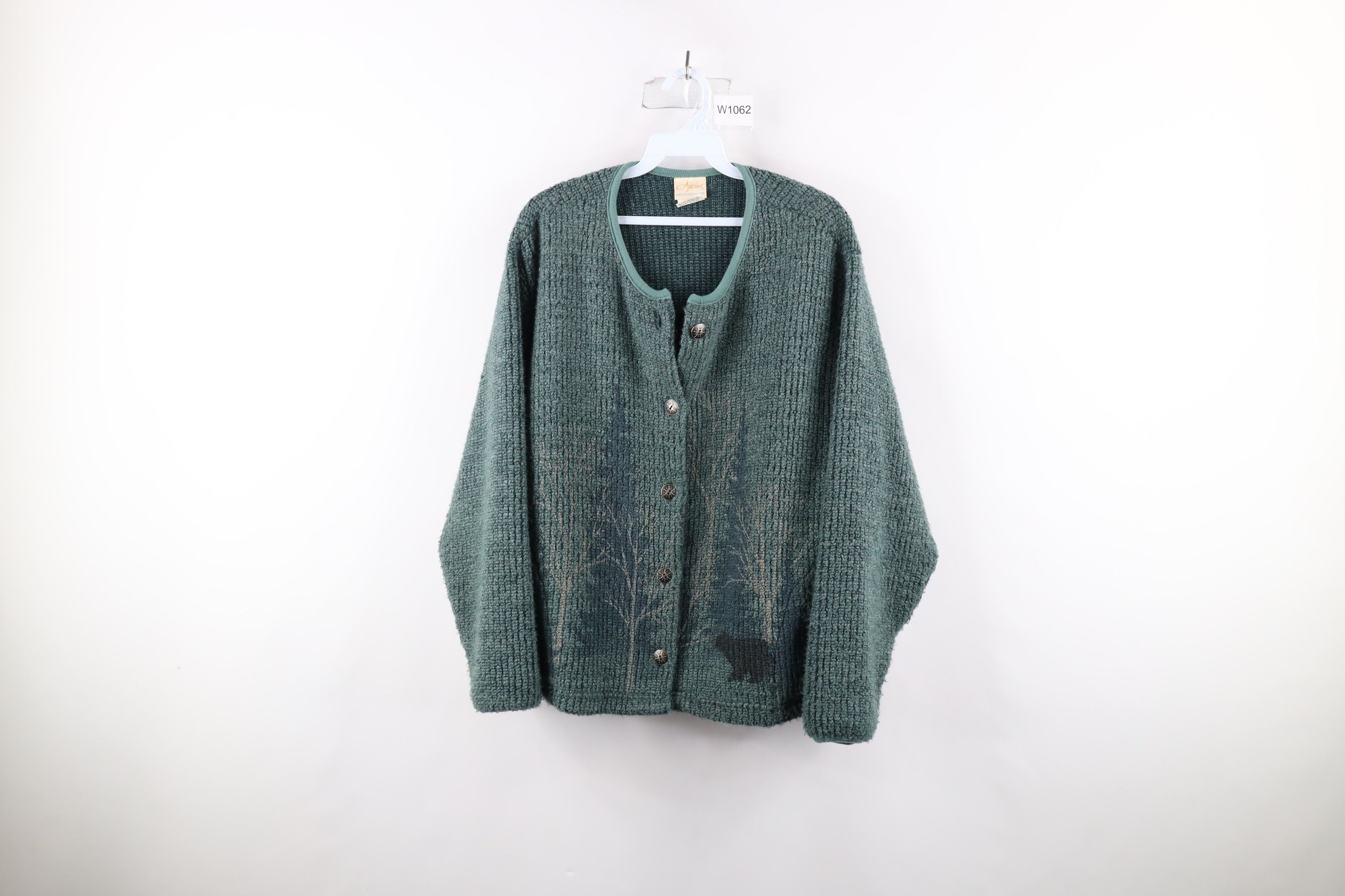 image of Vintage 90's Country Primitive Print Cardigan Sweater Usa in Green, Women's (Size Medium)