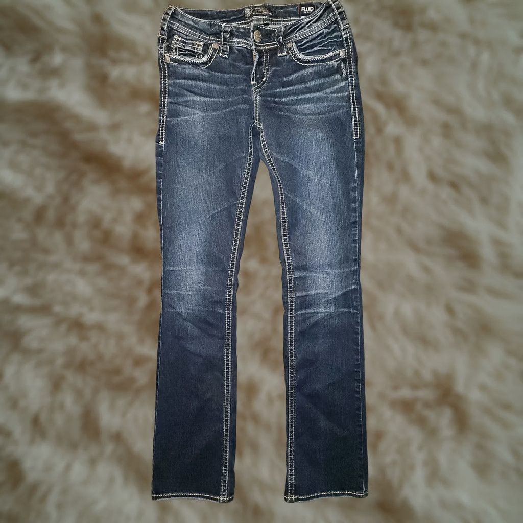 Silver Jeans Co. VINTAGE Silver Jeans Aiko Bootcut Jeans Women 27x33 Blue Embroidered Pockets Slim Distressed Easy Care 90s City Hipster Logo Women's Jeans Size 27" / US 4 / IT 40 - 1 Thumbnail