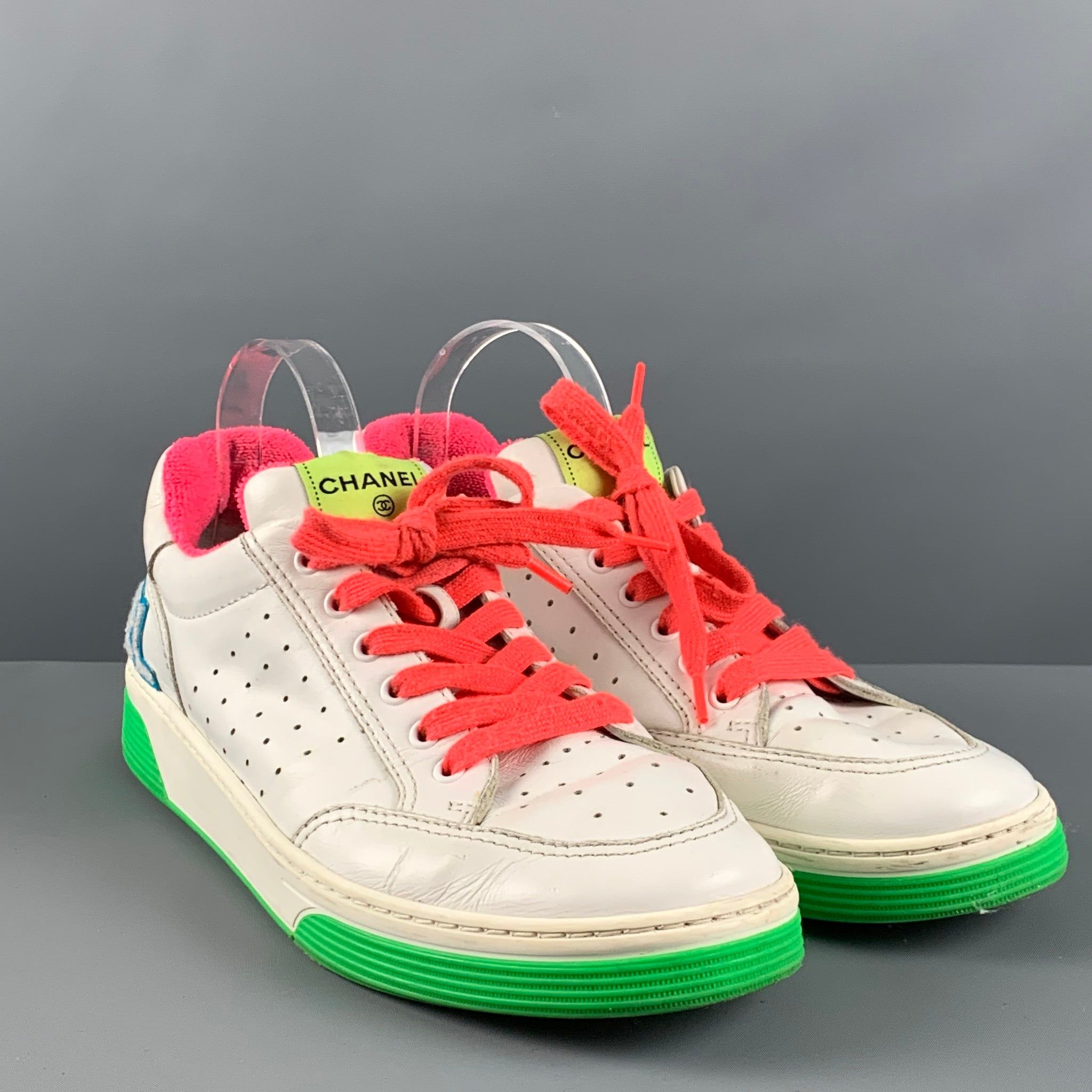 Chanel White MultiColor Leather Lace Up Sneakers