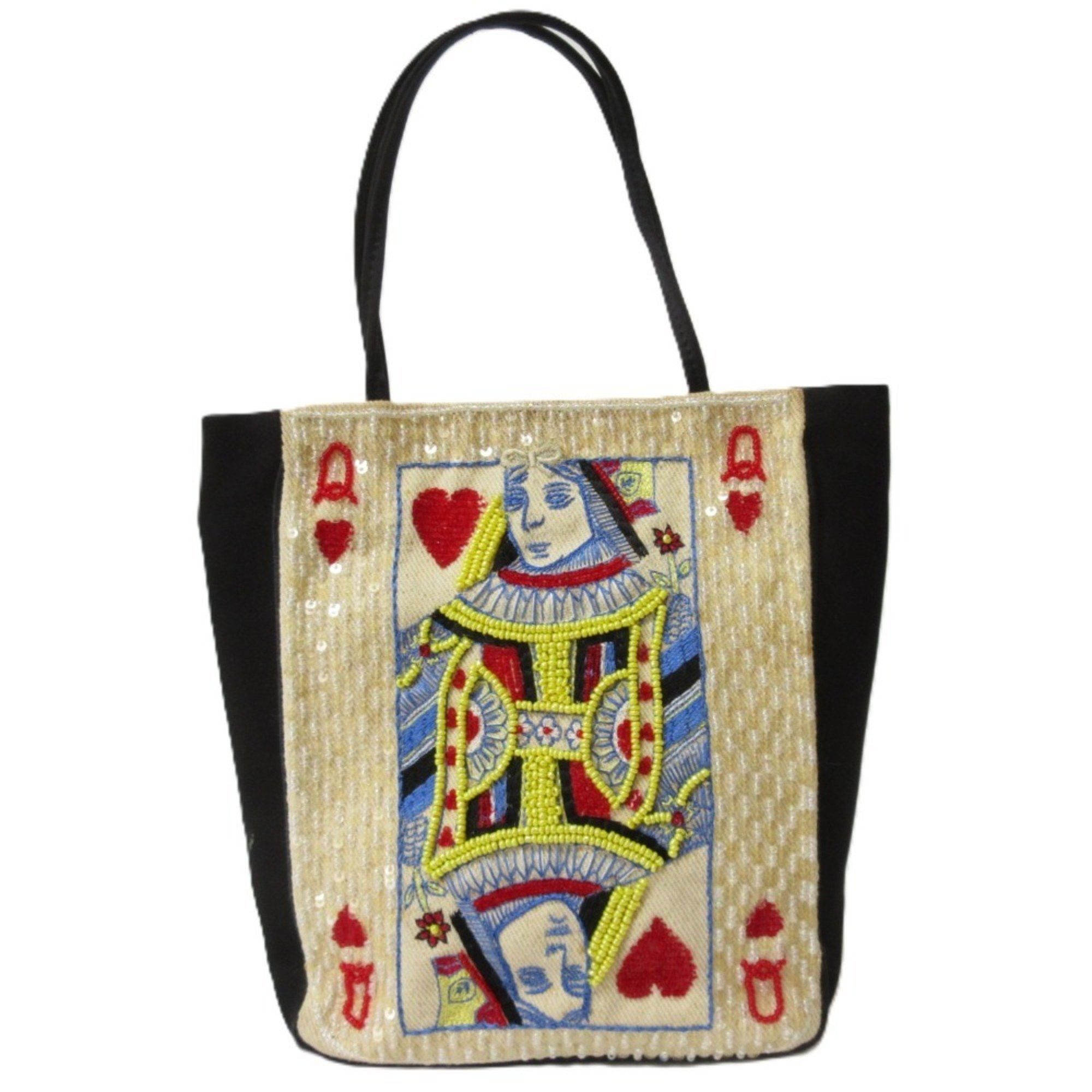 Anya Hindmarch Playing Cards Canvas Satin Beaded Embroidery Pouch Mini Bag Beige X Black Women's