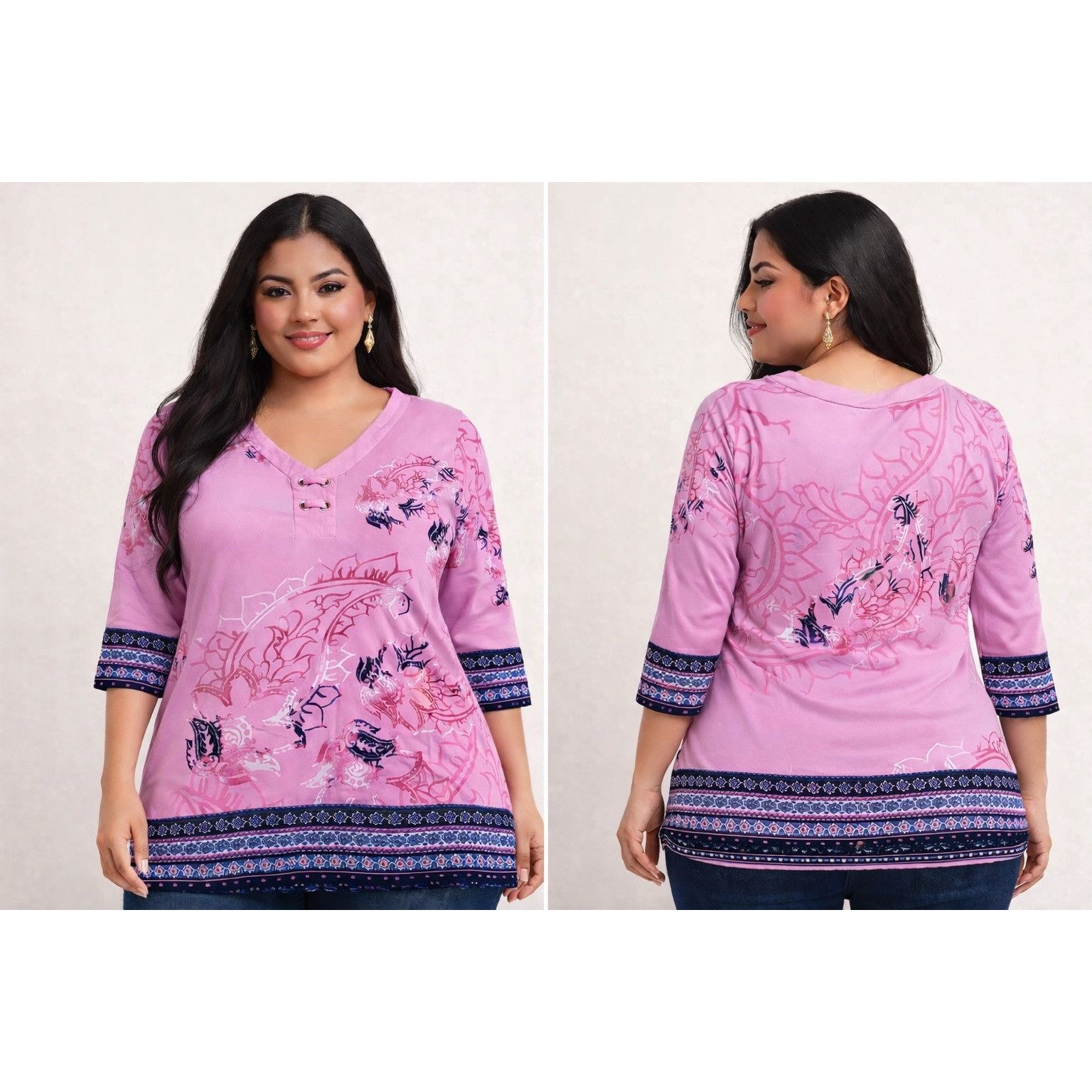 JM Collection JM Collection Bohemian Paisley Floral Tunic - Pink/Navy - M Size M / US 6-8 / IT 42-44 - 1 Thumbnail