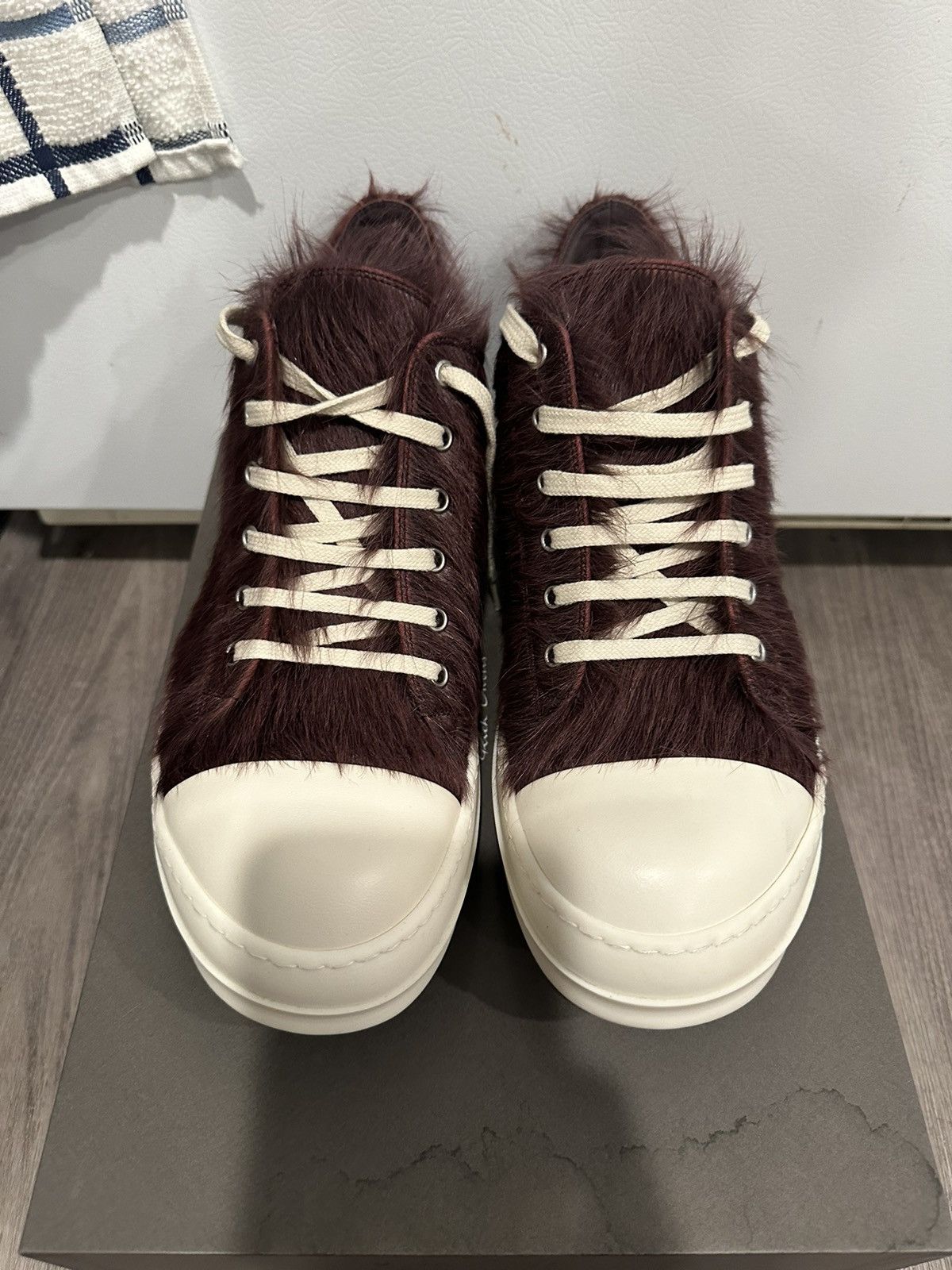 Pre-owned Rick Owens Mainline Pony Hair Ramones Low Amethyst Size 43 Shoes In Burgundy