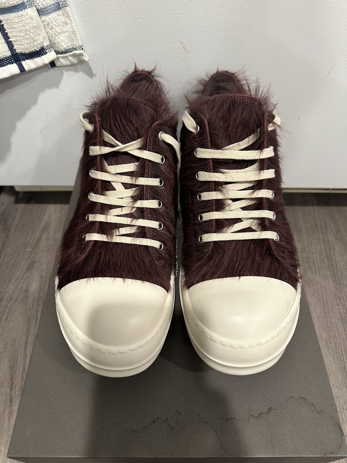 image of Rick Owens Mainline Pony Hair Ramones Low Amethyst Size 43 Shoes in Burgundy, Men's